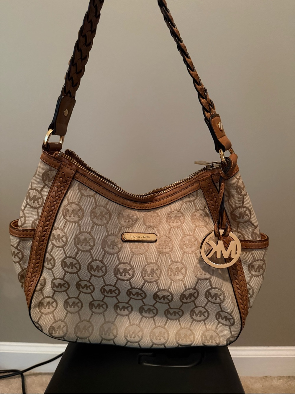 Michael Kors Beige Canvas Crossbody with Tan Braided Trim